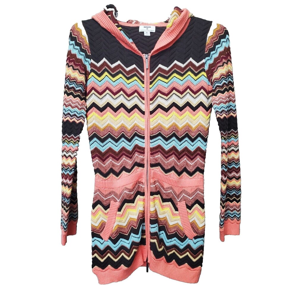 Missoni Target Girls Multicolor Chevron Full-Zip Hooded Knit Cardigan Pockets XL
